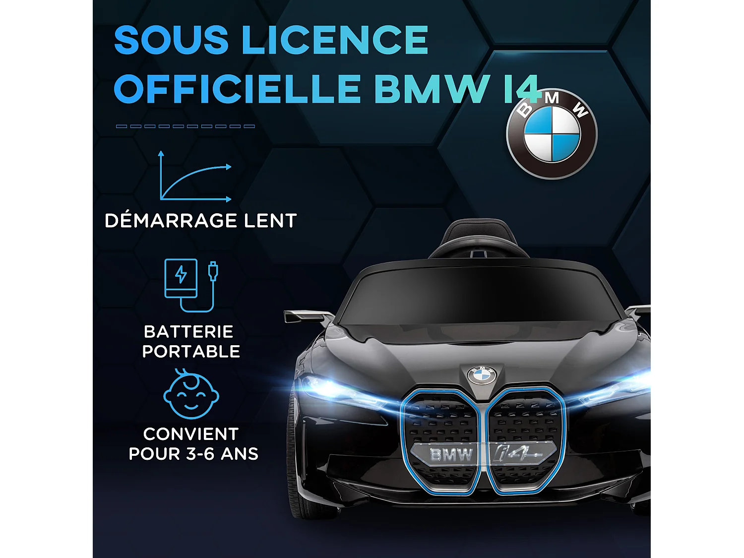 Voiture électrique enfant licence BMW I4 12V 3-5Km/h max. nombreux effets télécommande noir
