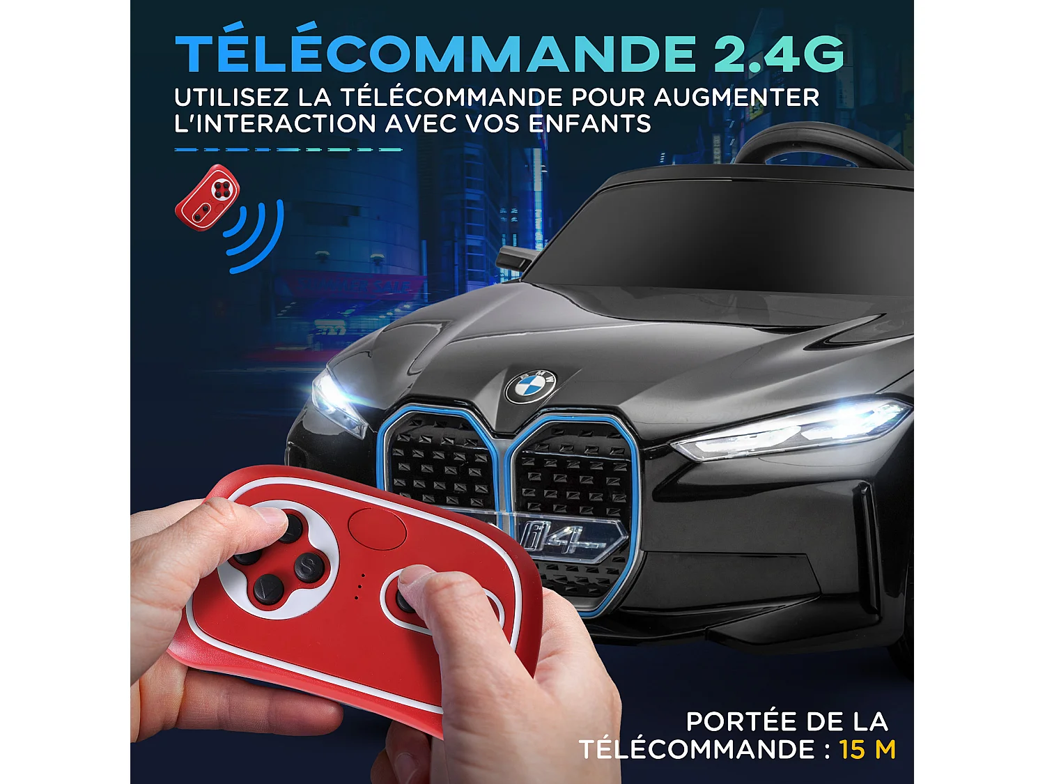 Voiture électrique enfant licence BMW I4 12V 3-5Km/h max. nombreux effets télécommande noir