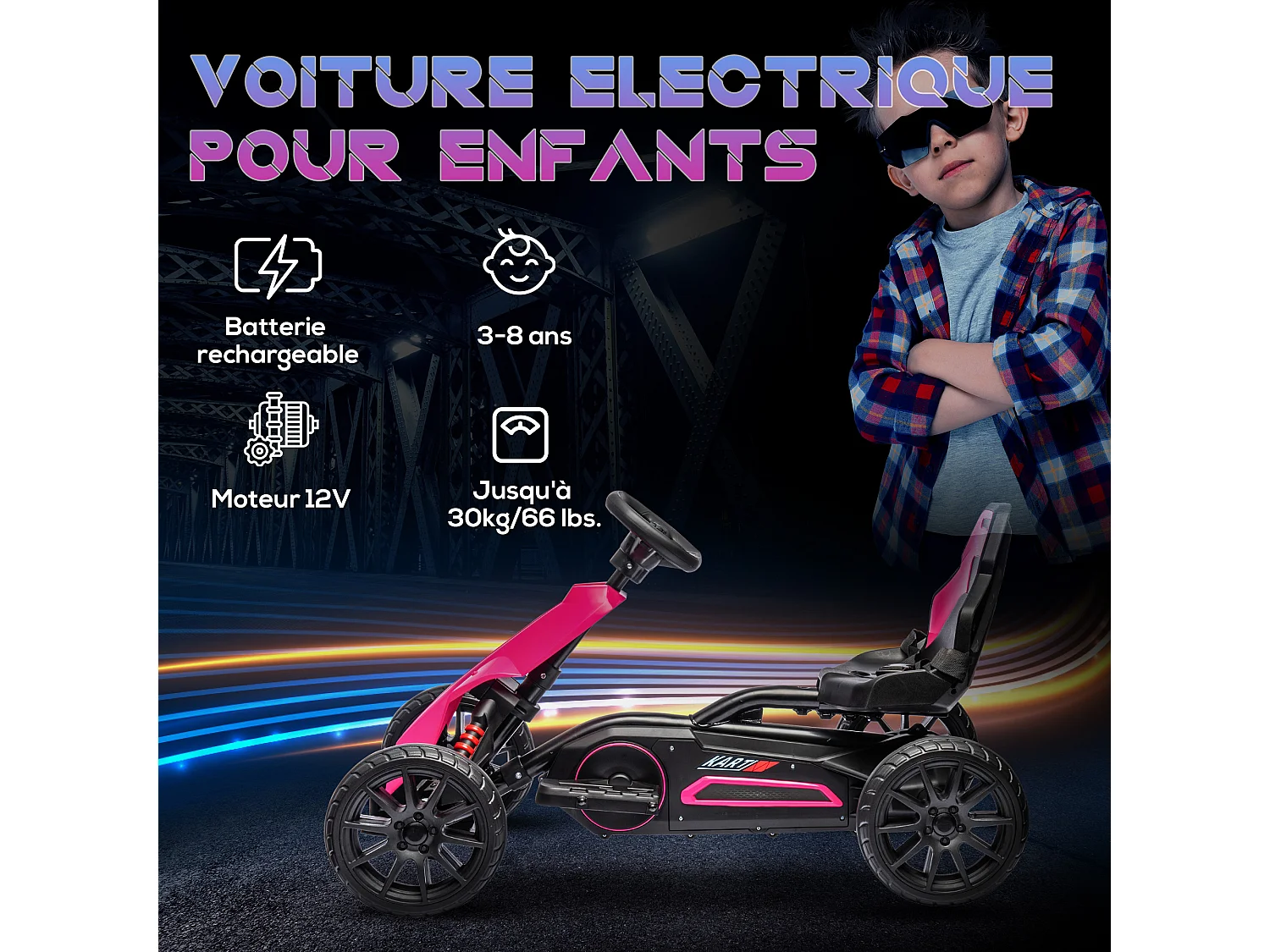 Kart électrique pour enfant 3+ Go kart 12V - 2 vitesses max. 5 Km/h - autonomie max. 50 min. - ceinture - rose
