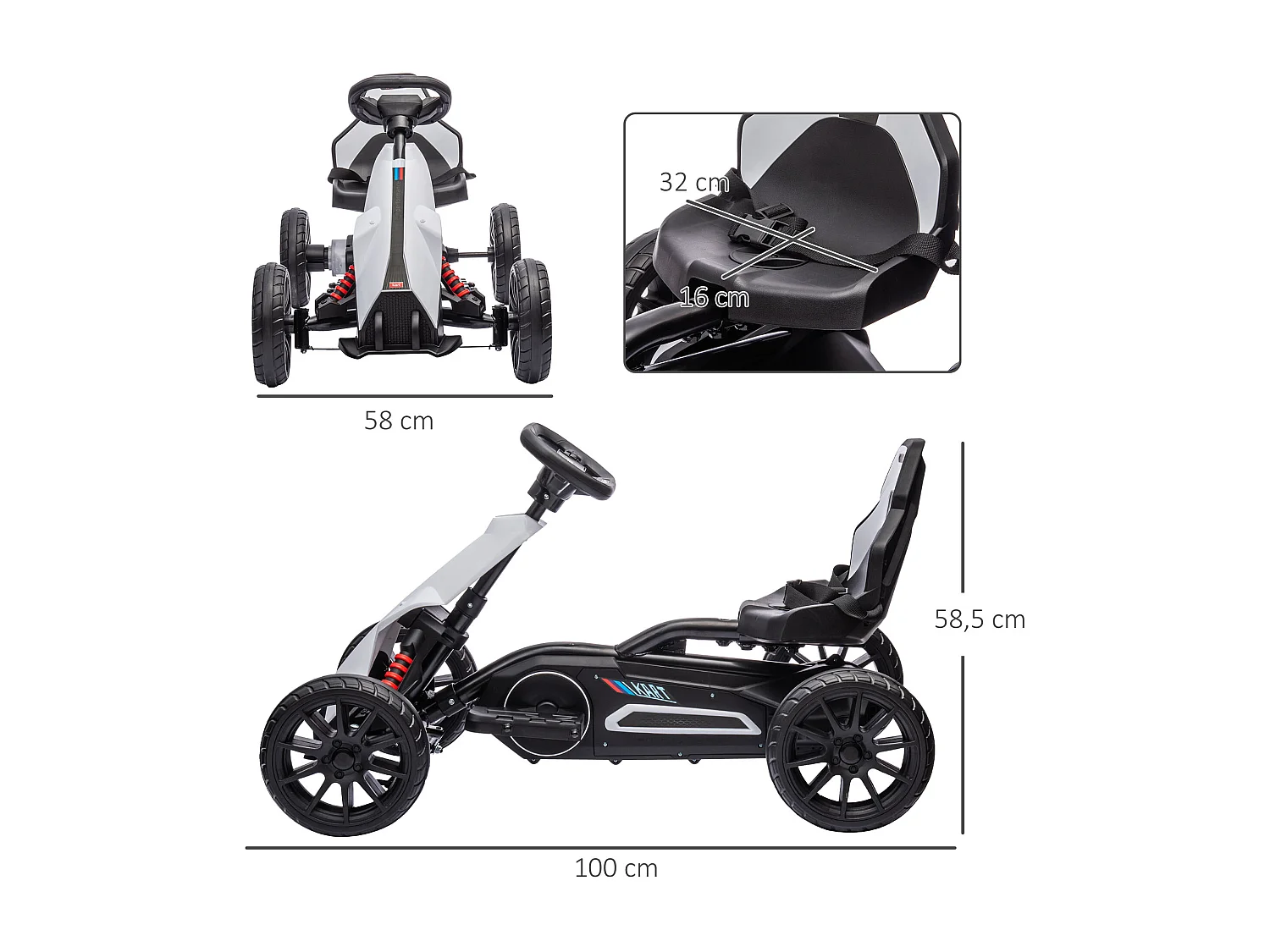 Kart électrique pour enfant 3+ Go kart 12V - 2 vitesses max. 5 Km/h - autonomie max. 50 min. - ceinture - blanc