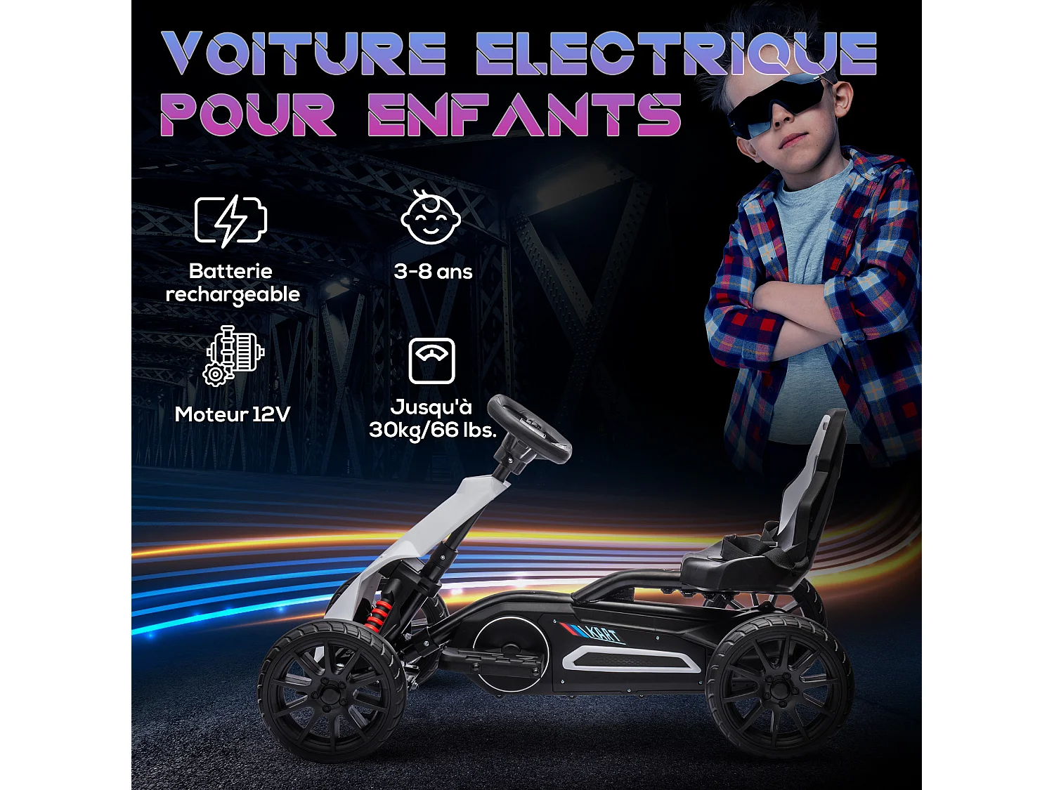 Kart électrique pour enfant 3+ Go kart 12V - 2 vitesses max. 5 Km/h - autonomie max. 50 min. - ceinture - blanc