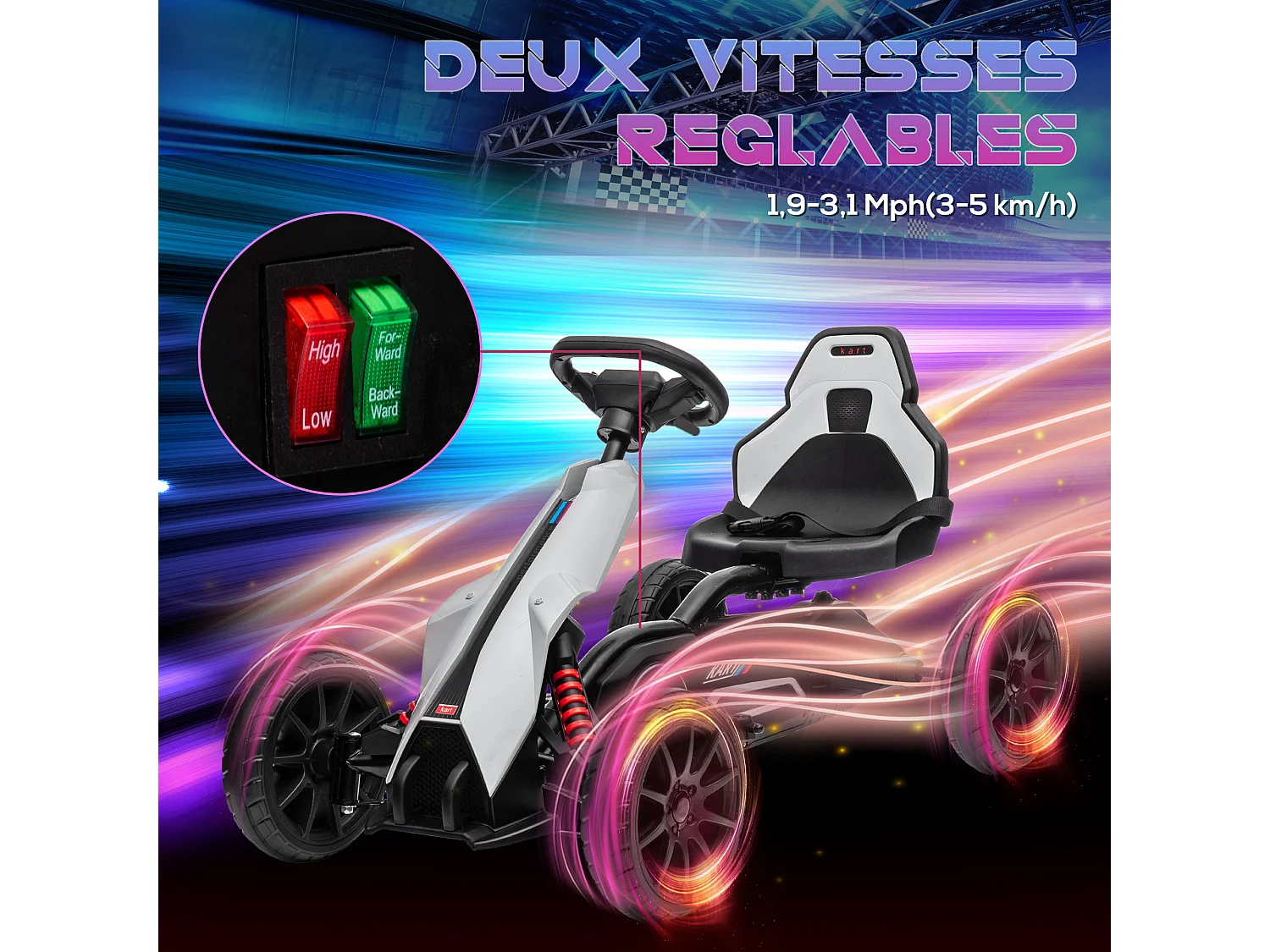 Kart électrique pour enfant 3+ Go kart 12V - 2 vitesses max. 5 Km/h - autonomie max. 50 min. - ceinture - blanc