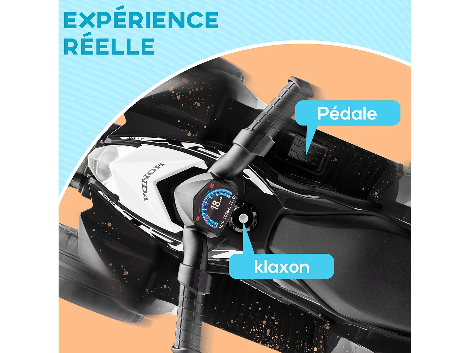 Quad électrique enfant 6V 30W HONDA TRX 250X V max. 2,8 Km/h phare LED klaxon noir