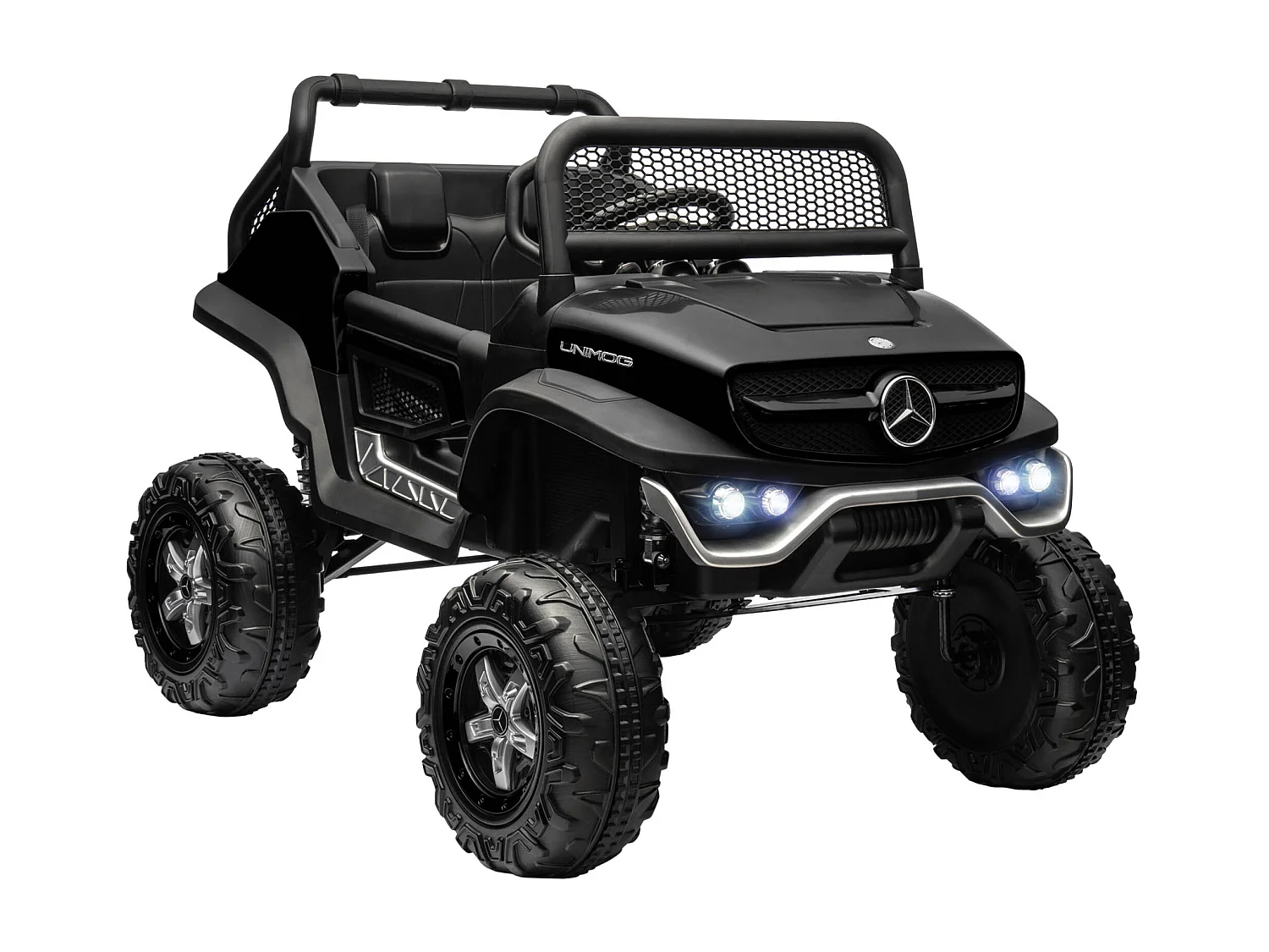 Voiture électrique 4x4 pour enfants de 3 à 8 ans 12 V Mercedes-Benz Unimog 2 moteurs avec télécommande, roues suspendues, klaxons, lumières, musique, noir