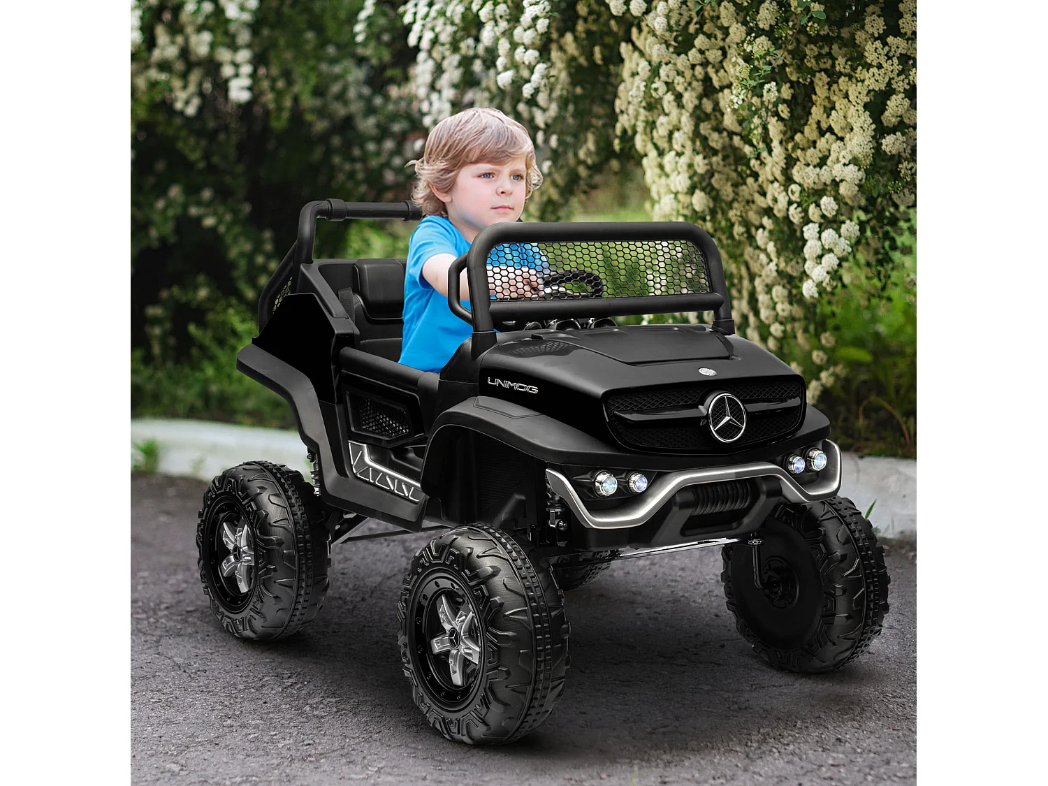Voiture électrique 4x4 pour enfants de 3 à 8 ans 12 V Mercedes-Benz Unimog 2 moteurs avec télécommande, roues suspendues, klaxons, lumières, musique, noir