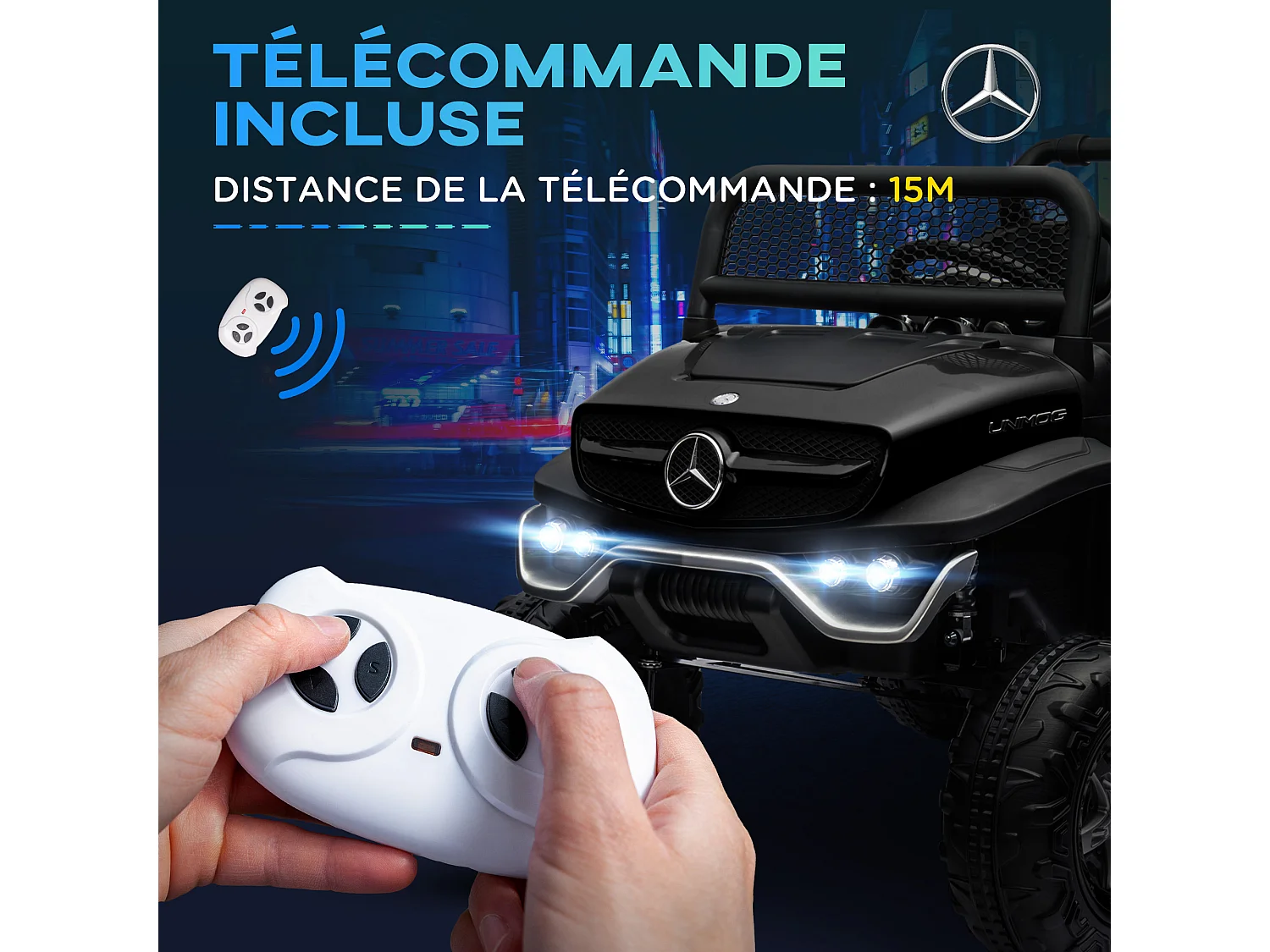 Voiture électrique 4x4 pour enfants de 3 à 8 ans 12 V Mercedes-Benz Unimog 2 moteurs avec télécommande, roues suspendues, klaxons, lumières, musique, noir