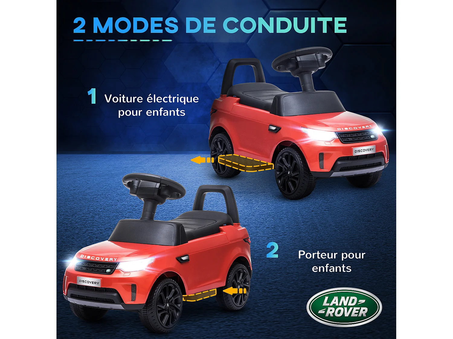 Voiture électrique enfant porteur 2 en 1 - licence Land Rover Discovery - effets lumineux sonores - rouge