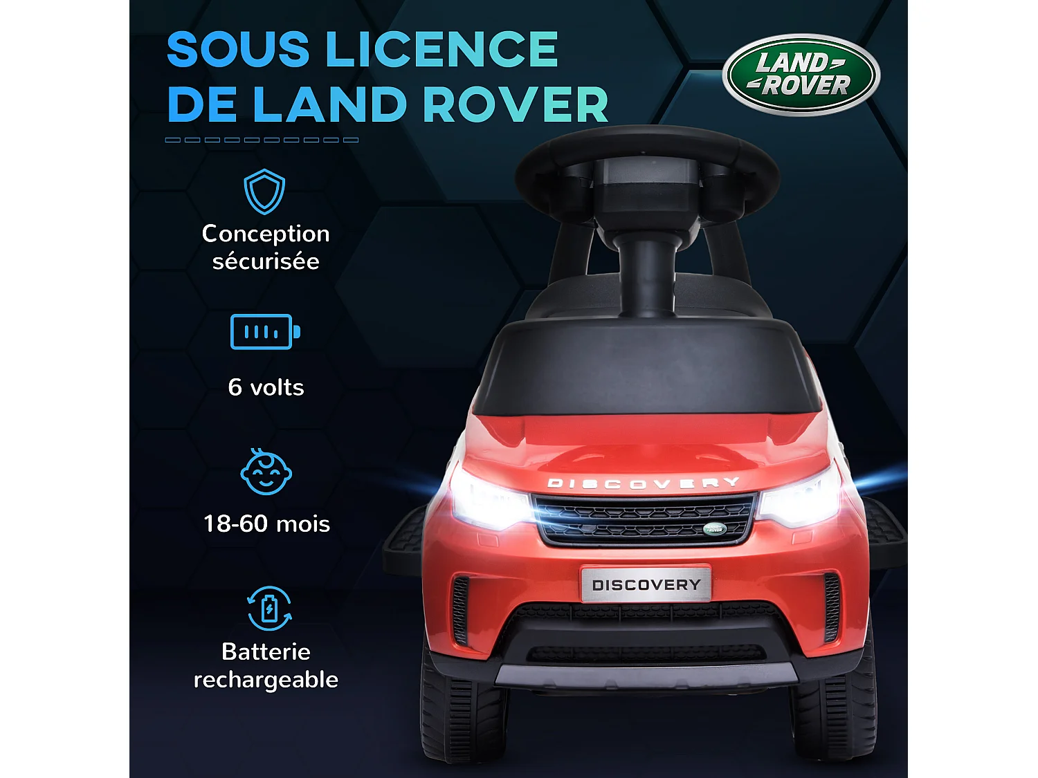 Voiture électrique enfant porteur 2 en 1 - licence Land Rover Discovery - effets lumineux sonores - rouge