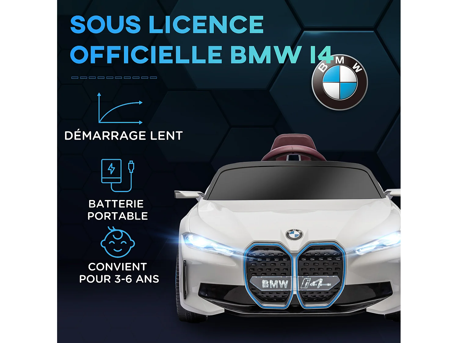 Voiture électrique enfant licence BMW I4 12V 3-5Km/h max. nombreux effets télécommande blanc