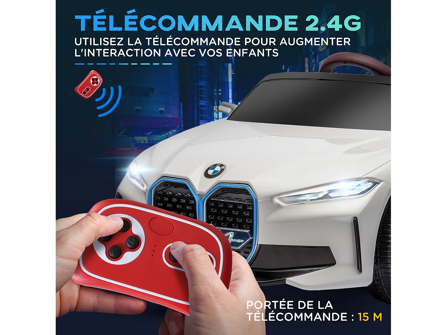 Voiture électrique enfant licence BMW I4 12V 3-5Km/h max. nombreux effets télécommande blanc