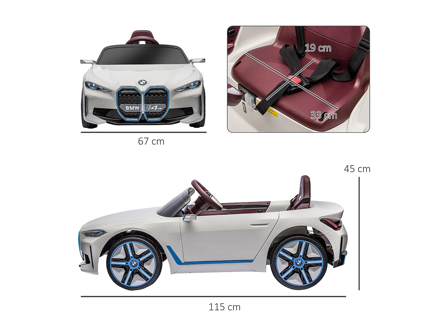 Voiture électrique enfant licence BMW I4 12V 3-5Km/h max. nombreux effets télécommande blanc
