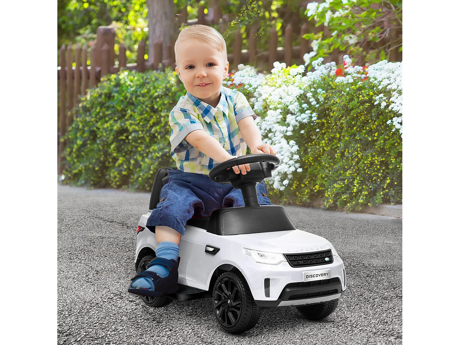 Voiture électrique enfant porteur 2 en 1 - licence Land Rover Discovery - effets lumineux sonores - blanc