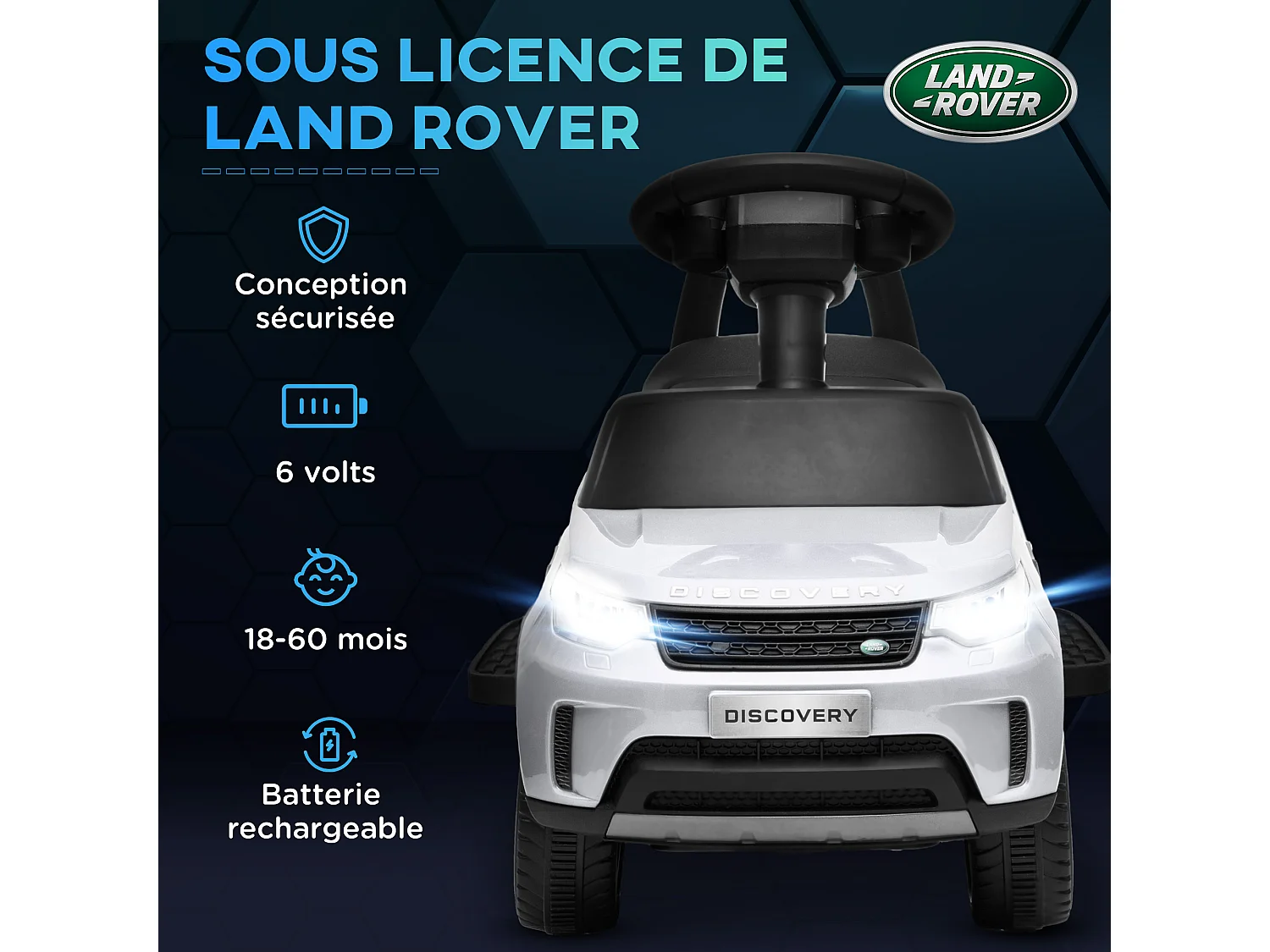 Voiture électrique enfant porteur 2 en 1 - licence Land Rover Discovery - effets lumineux sonores - blanc