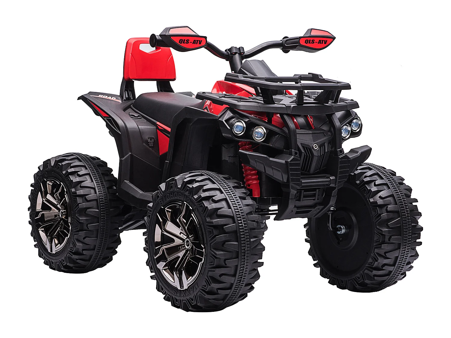 Voiture 4x4 quad buggy électrique enfant 12 V 5 Km/h max. effets lumineux sonores selle avec dossier porte-bagage avant métal PP rouge noir