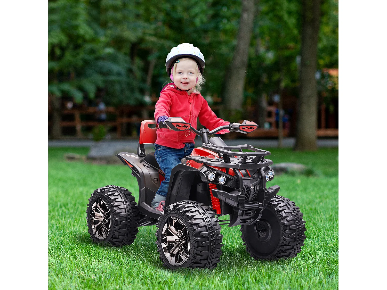 Voiture 4x4 quad buggy électrique enfant 12 V 5 Km/h max. effets lumineux sonores selle avec dossier porte-bagage avant métal PP rouge noir