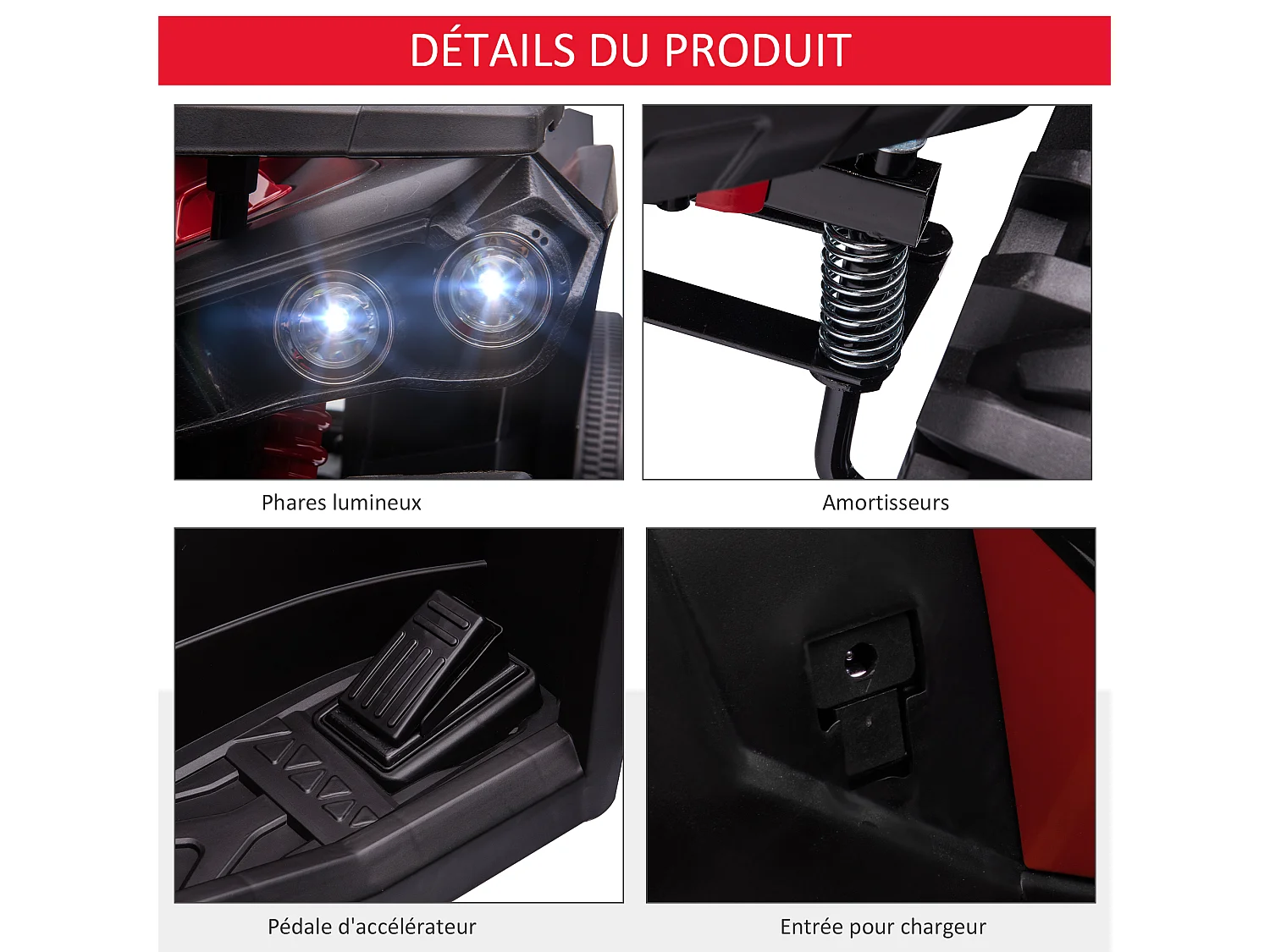 Voiture 4x4 quad buggy électrique enfant 12 V 5 Km/h max. effets lumineux sonores selle avec dossier porte-bagage avant métal PP rouge noir