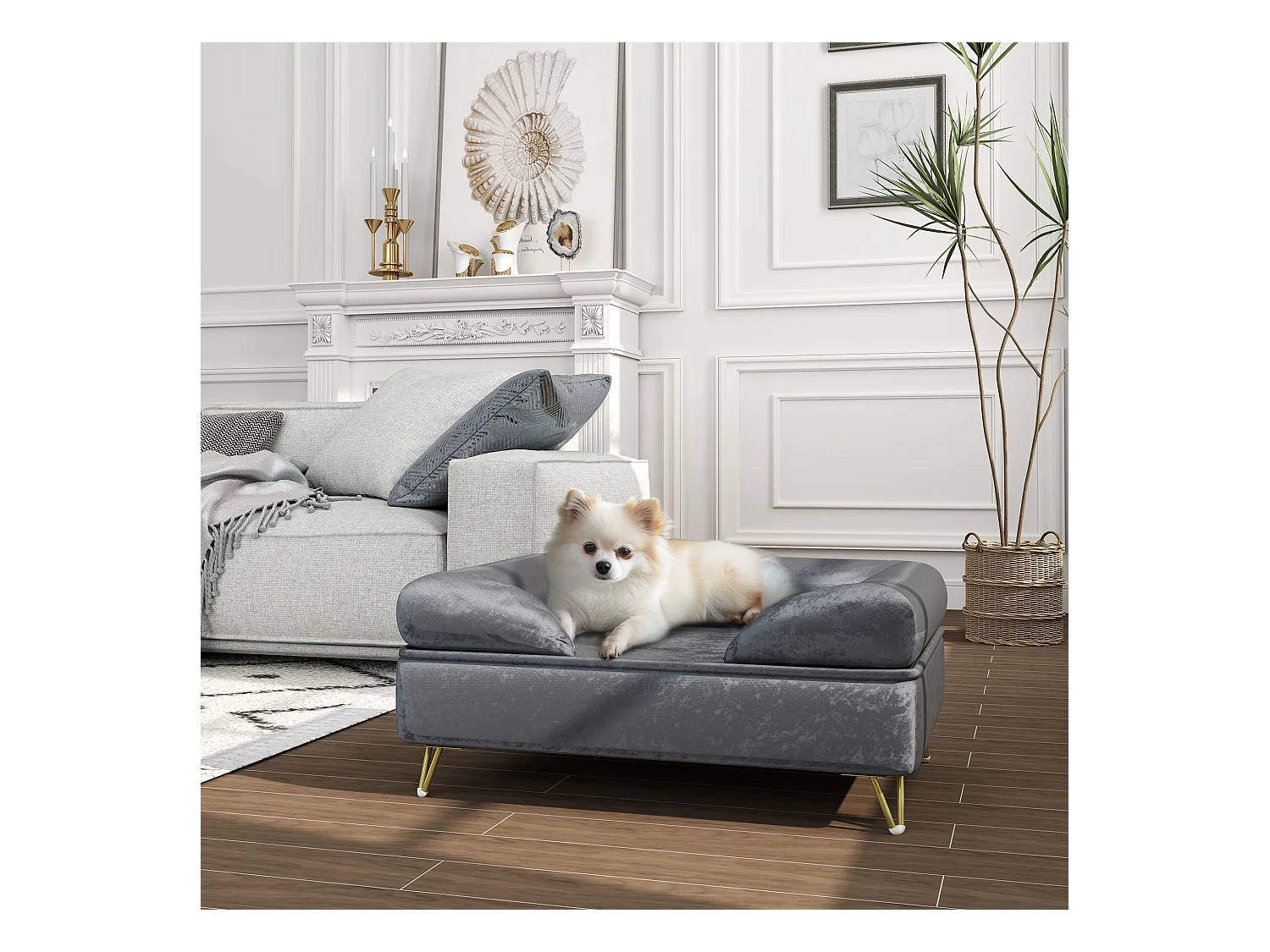 Canapé pour chien design - dim. 76L x 53,5l x 34H cm - piètement épingle métal doré velours gris