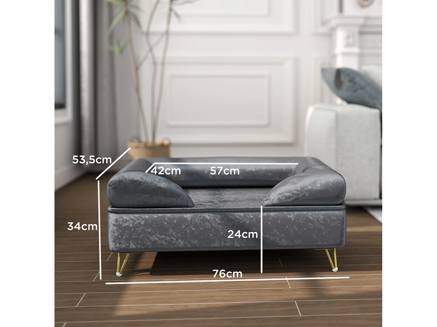 Canapé pour chien design - dim. 76L x 53,5l x 34H cm - piètement épingle métal doré velours gris