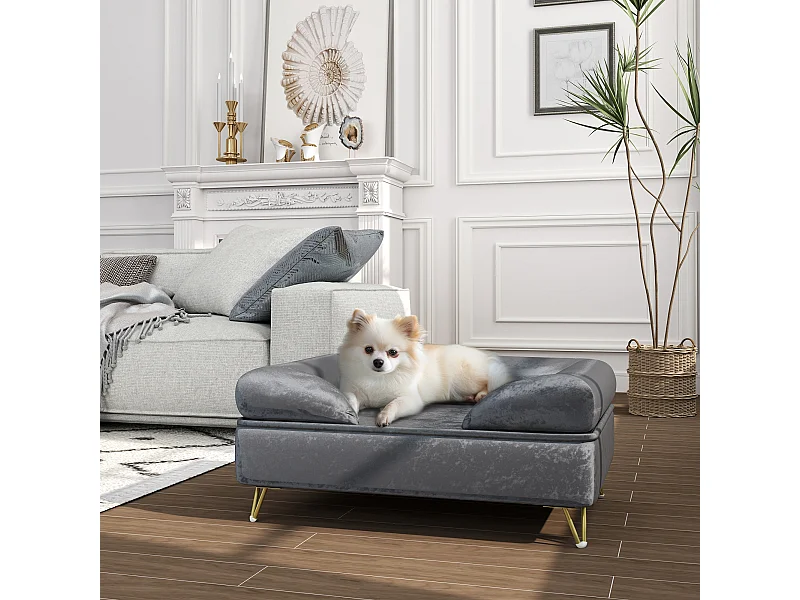 Canapé pour chien design - dim. 76L x 53,5l x 34H cm - piètement épingle métal doré velours gris