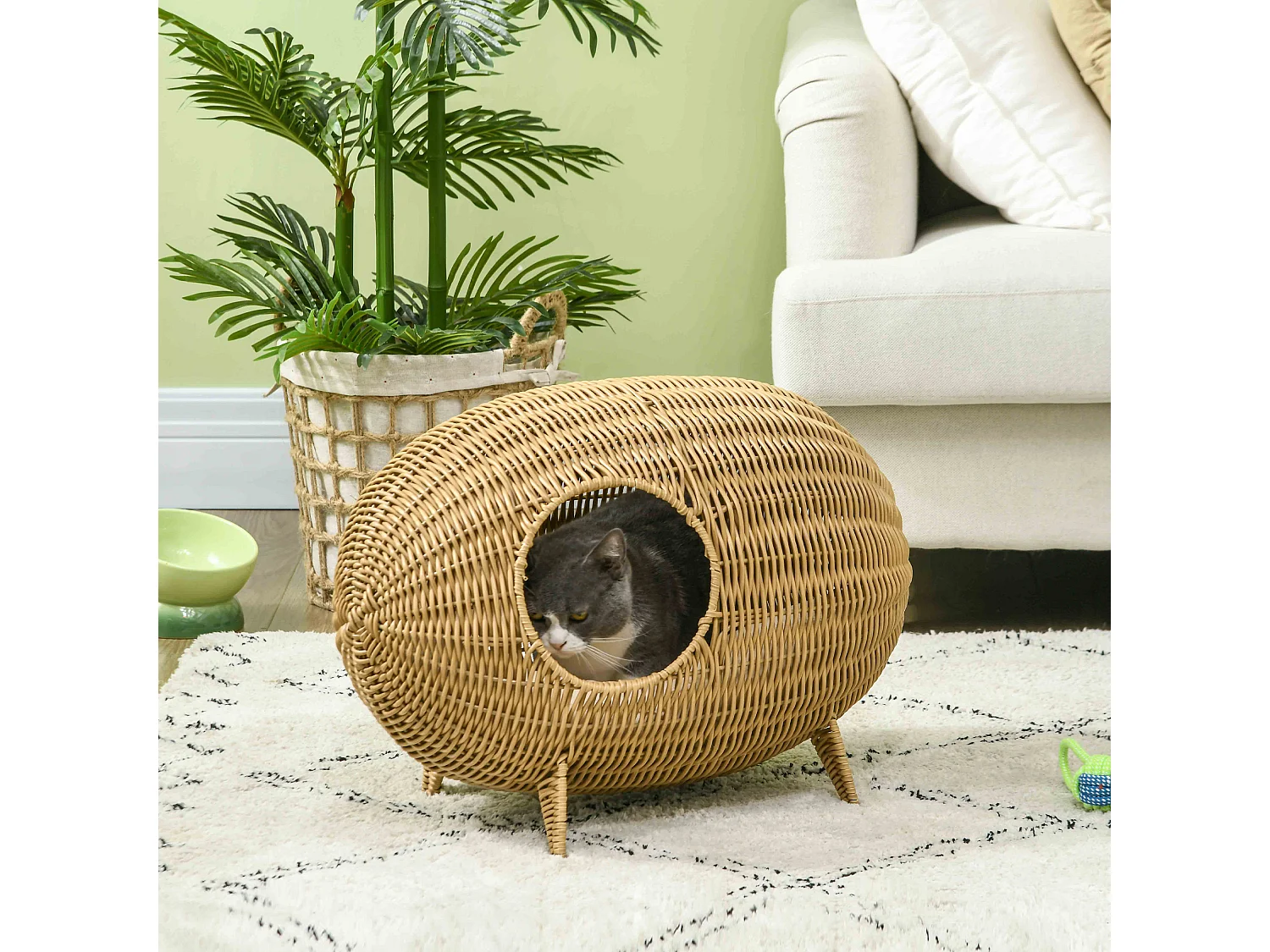 Panier pour chat en résine tressée imitation rotin grand confort dim. 55L x 36l x 42H cm coussin moelleux beige inclus