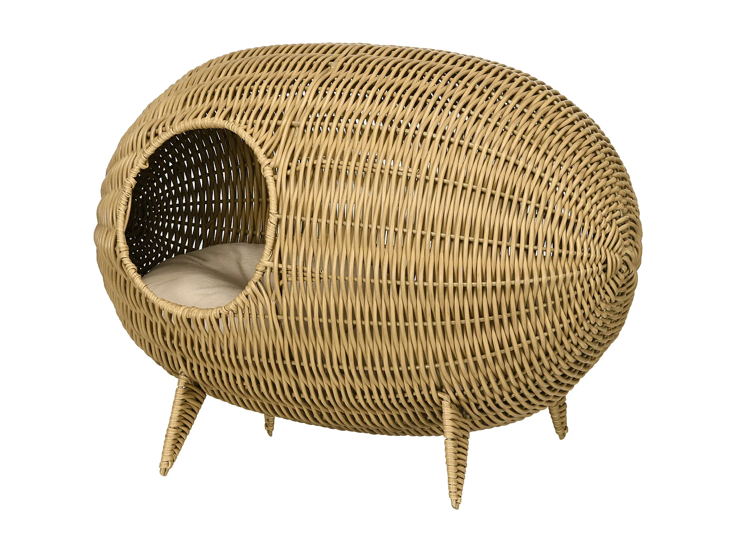 Panier pour chat en résine tressée imitation rotin grand confort dim. 55L x 36l x 42H cm coussin moelleux beige inclus