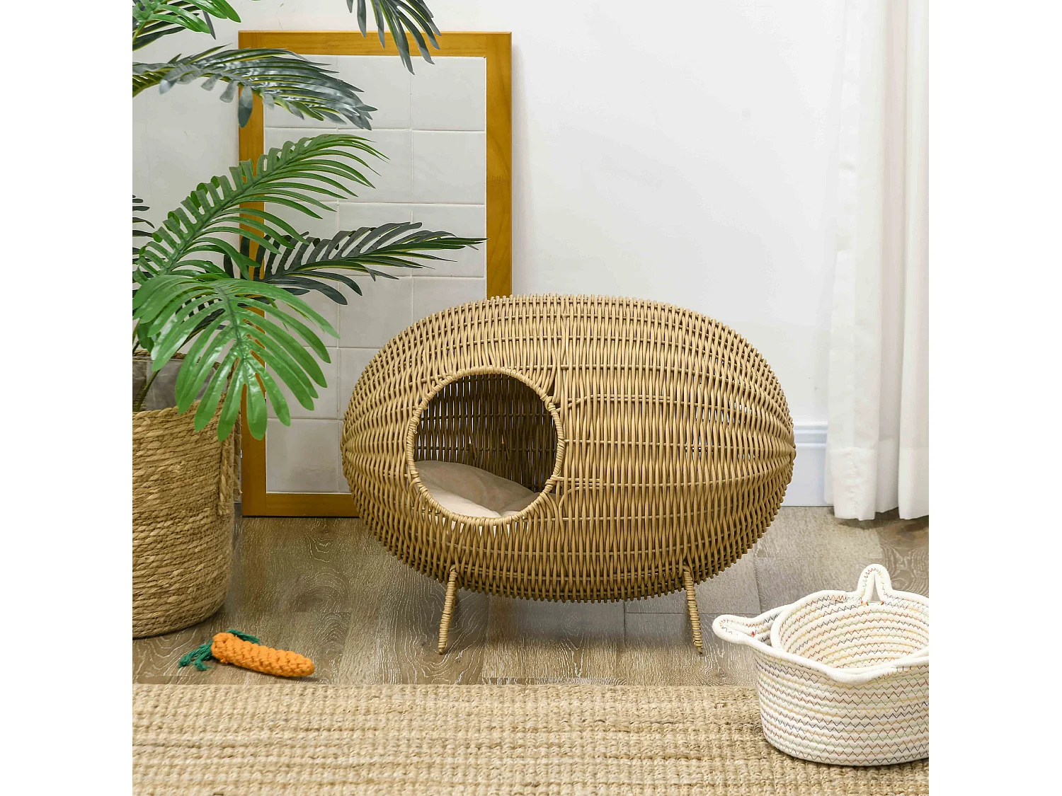 Panier pour chat en résine tressée imitation rotin grand confort dim. 55L x 36l x 42H cm coussin moelleux beige inclus