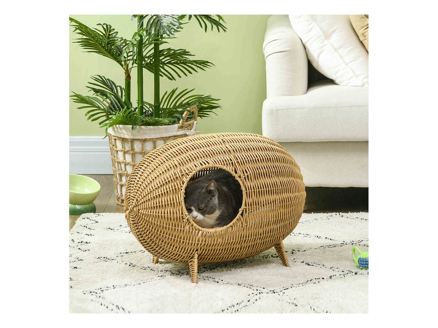 Panier pour chat en résine tressée imitation rotin grand confort dim. 55L x 36l x 42H cm coussin moelleux beige inclus