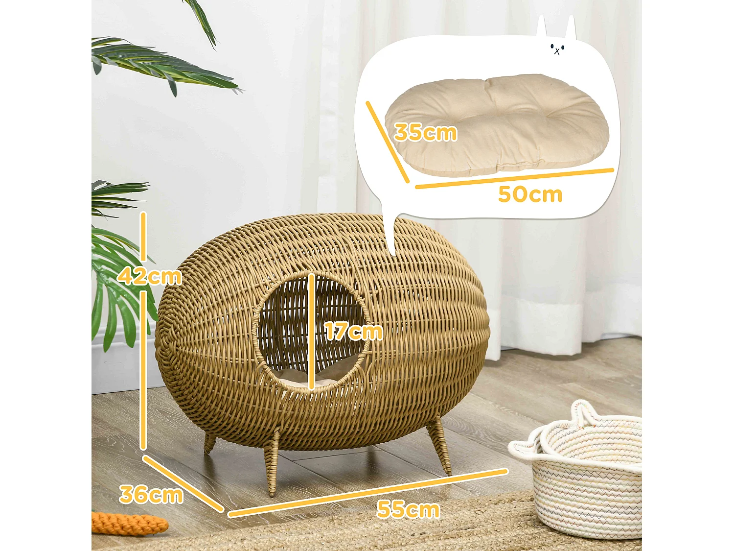 Panier pour chat en résine tressée imitation rotin grand confort dim. 55L x 36l x 42H cm coussin moelleux beige inclus