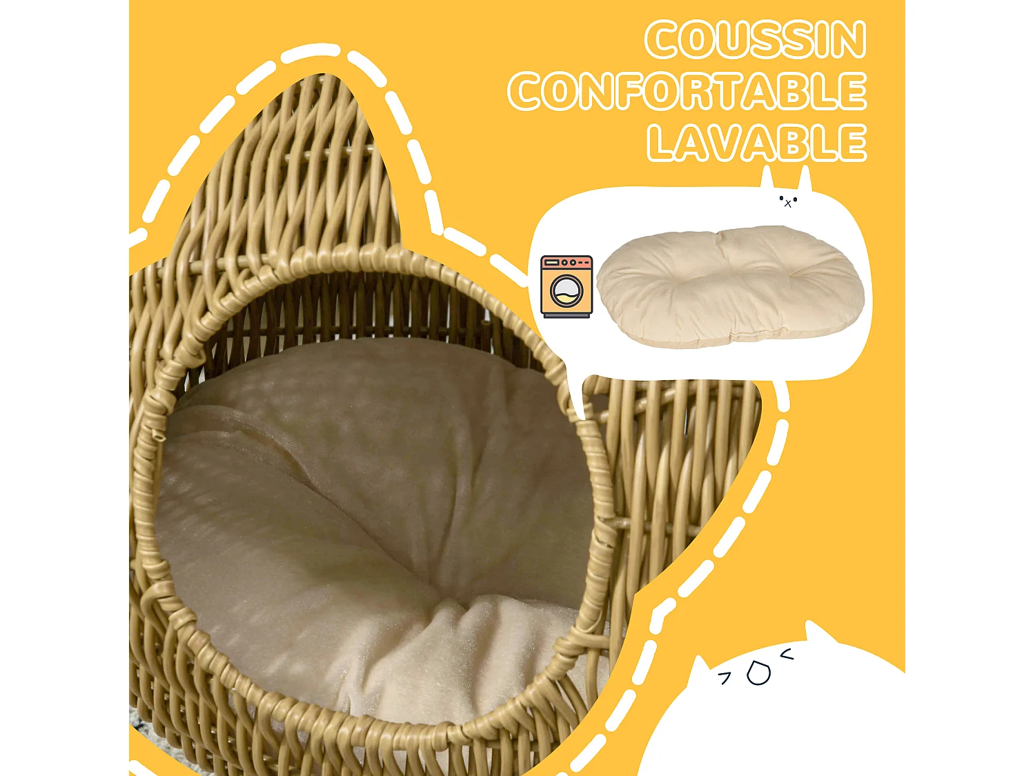 Panier pour chat en résine tressée imitation rotin grand confort dim. 55L x 36l x 42H cm coussin moelleux beige inclus