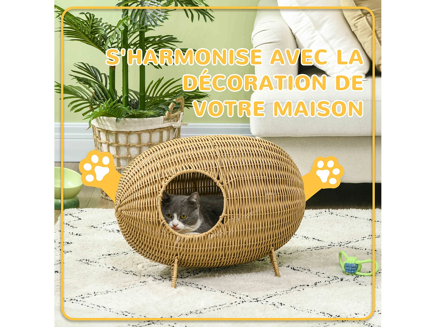 Panier pour chat en résine tressée imitation rotin grand confort dim. 55L x 36l x 42H cm coussin moelleux beige inclus