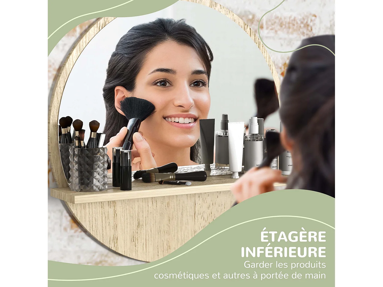 Miroir rond mural de salle de bain style cosy avec étagère - Ø 45 cm - effet bois naturel