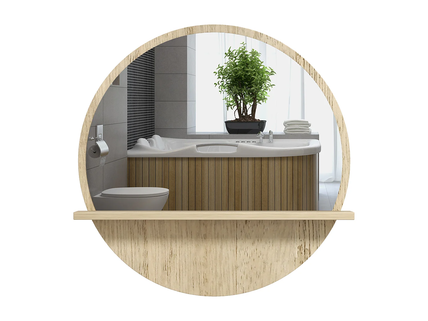 Miroir rond mural de salle de bain style cosy avec étagère - Ø 45 cm - effet bois naturel
