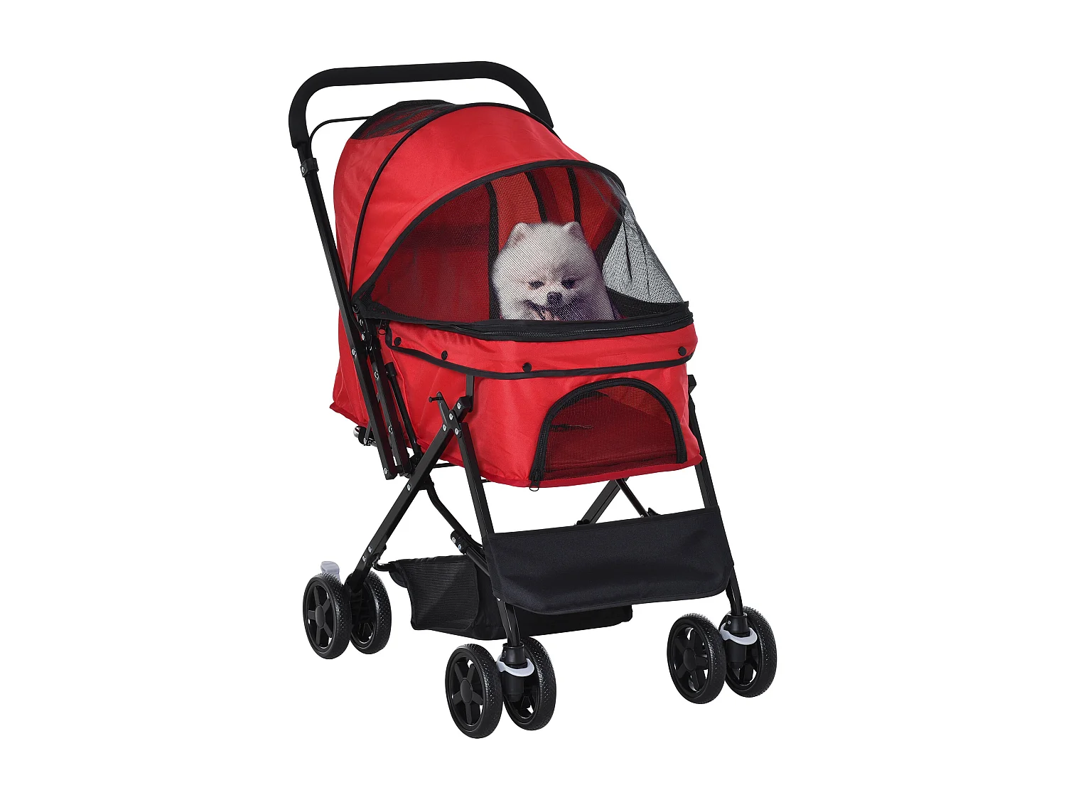 Poussette buggy pliable chien chat panier et sac de rangement attaches sécurité housse réglable poignée réglable acier Oxford rouge
