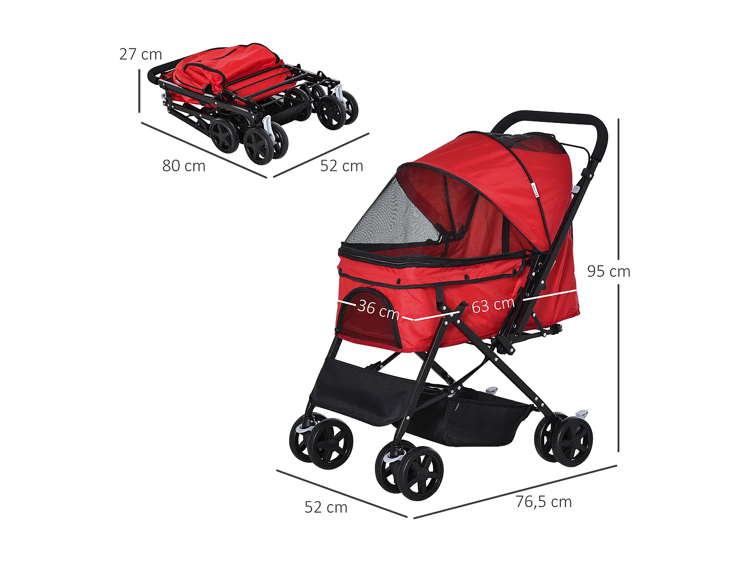 Poussette buggy pliable chien chat panier et sac de rangement attaches sécurité housse réglable poignée réglable acier Oxford rouge