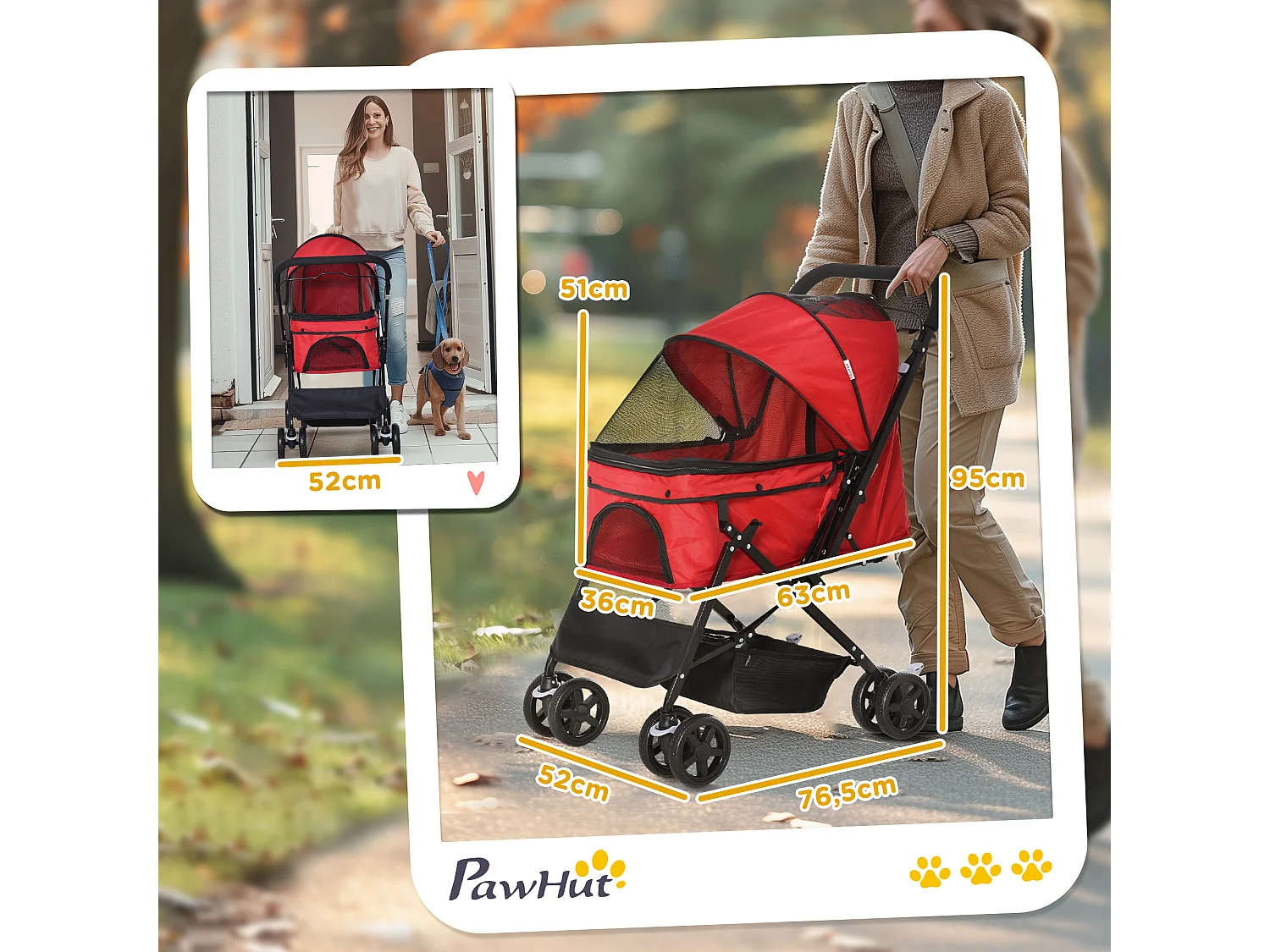 Poussette buggy pliable chien chat panier et sac de rangement attaches sécurité housse réglable poignée réglable acier Oxford rouge
