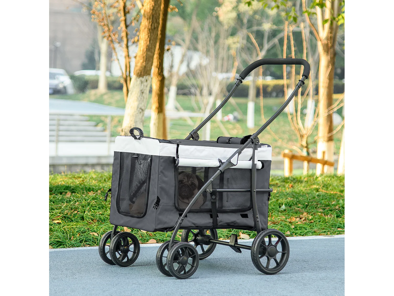 Poussette pliable animaux chien chat nacelle amovible 4 roues gris