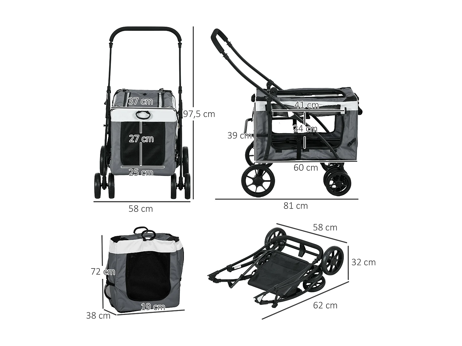 Poussette pliable animaux chien chat nacelle amovible 4 roues gris