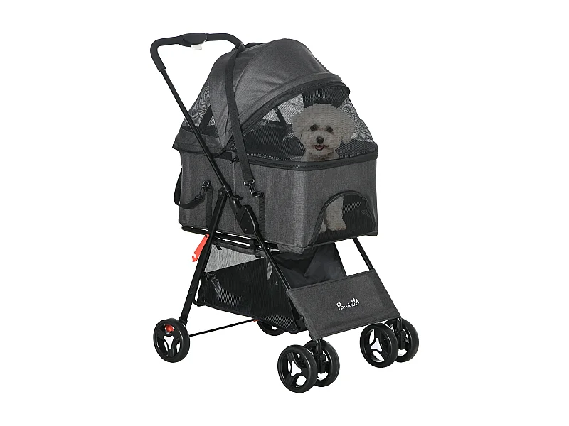 Poussette pour chien 3 en 1 - poussette buggy, panier de transport, panier voiture - acier noir Oxford gris