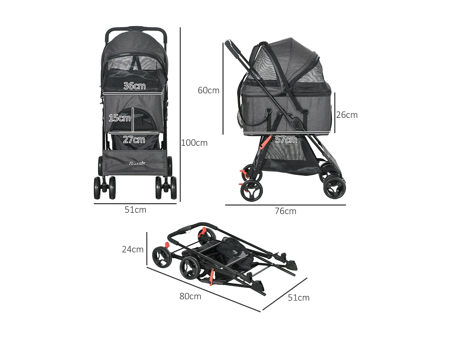 Poussette pour chien 3 en 1 - poussette buggy, panier de transport, panier voiture - acier noir Oxford gris