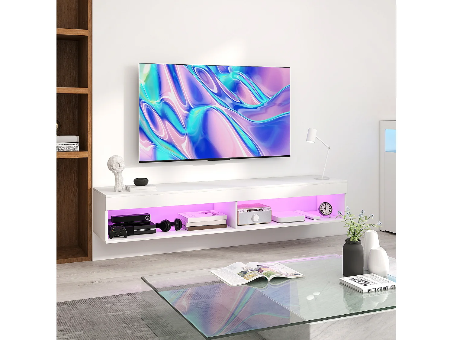 Meuble TV design LED suspendu mural - 75 pouces max. - 2 niches - dim. 180L x 40l x 30H cm - aspect bois blanc