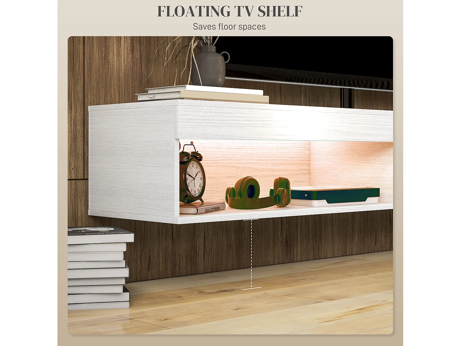 Meuble TV design LED suspendu mural - 75 pouces max. - 2 niches - dim. 180L x 40l x 30H cm - aspect bois blanc