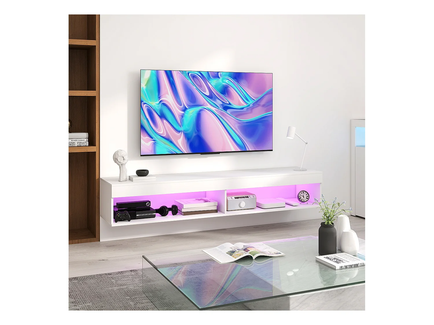 Meuble TV design LED suspendu mural - 75 pouces max. - 2 niches - dim. 180L x 40l x 30H cm - aspect bois blanc