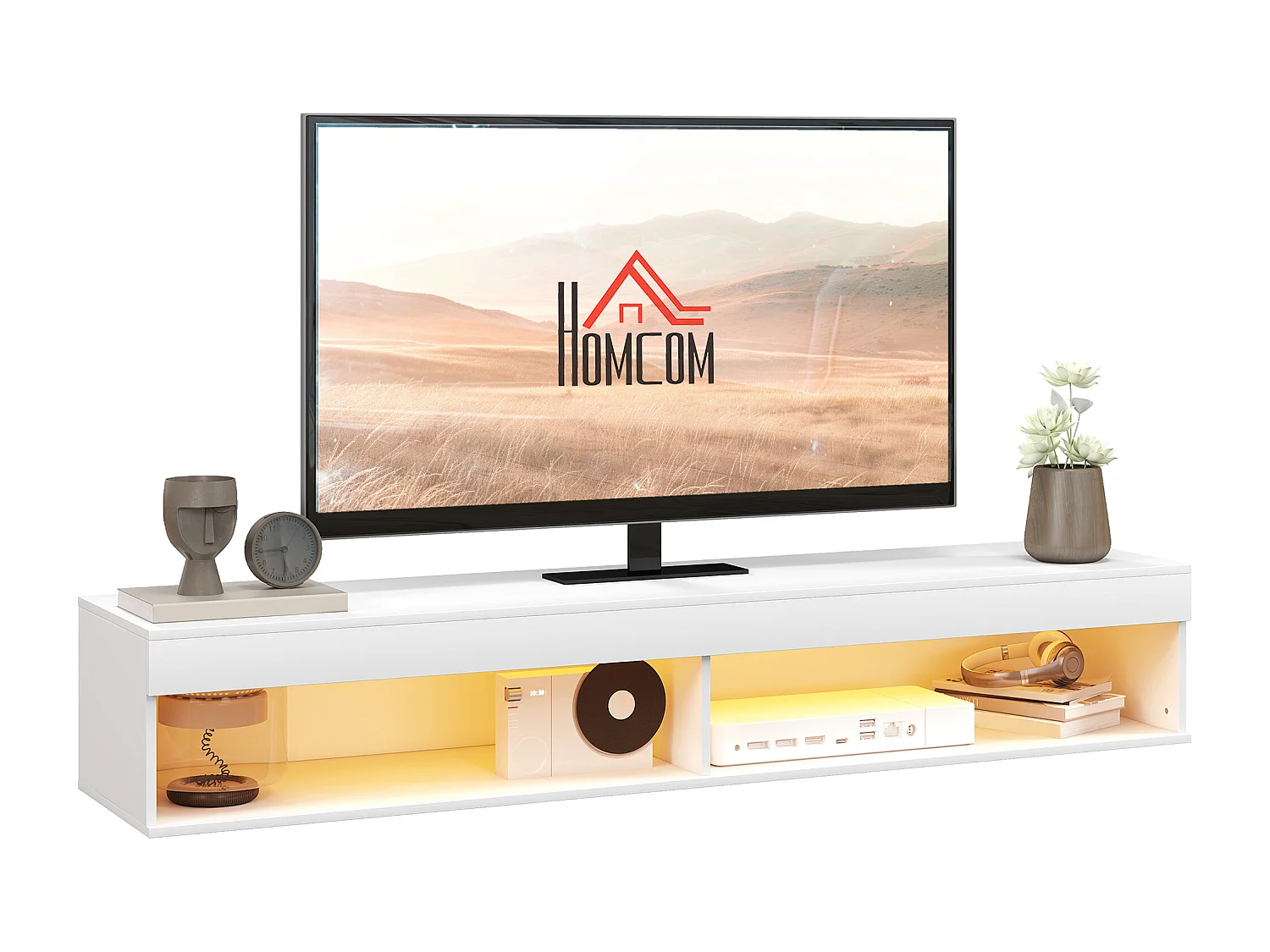 Meuble TV design LED suspendu mural - 75 pouces max. - 2 niches - dim. 180L x 40l x 30H cm - aspect bois blanc