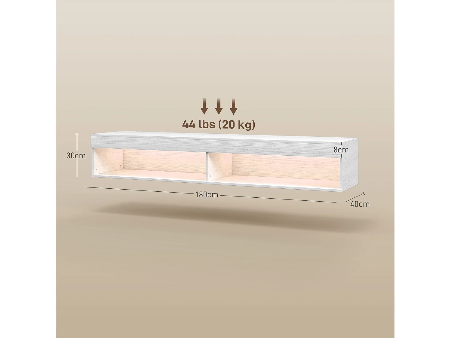 Meuble TV design LED suspendu mural - 75 pouces max. - 2 niches - dim. 180L x 40l x 30H cm - aspect bois blanc