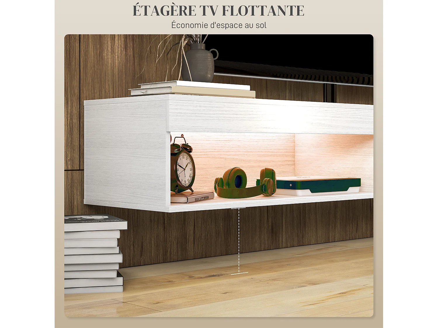 Meuble TV design LED suspendu mural - 75 pouces max. - 2 niches - dim. 180L x 40l x 30H cm - aspect bois blanc