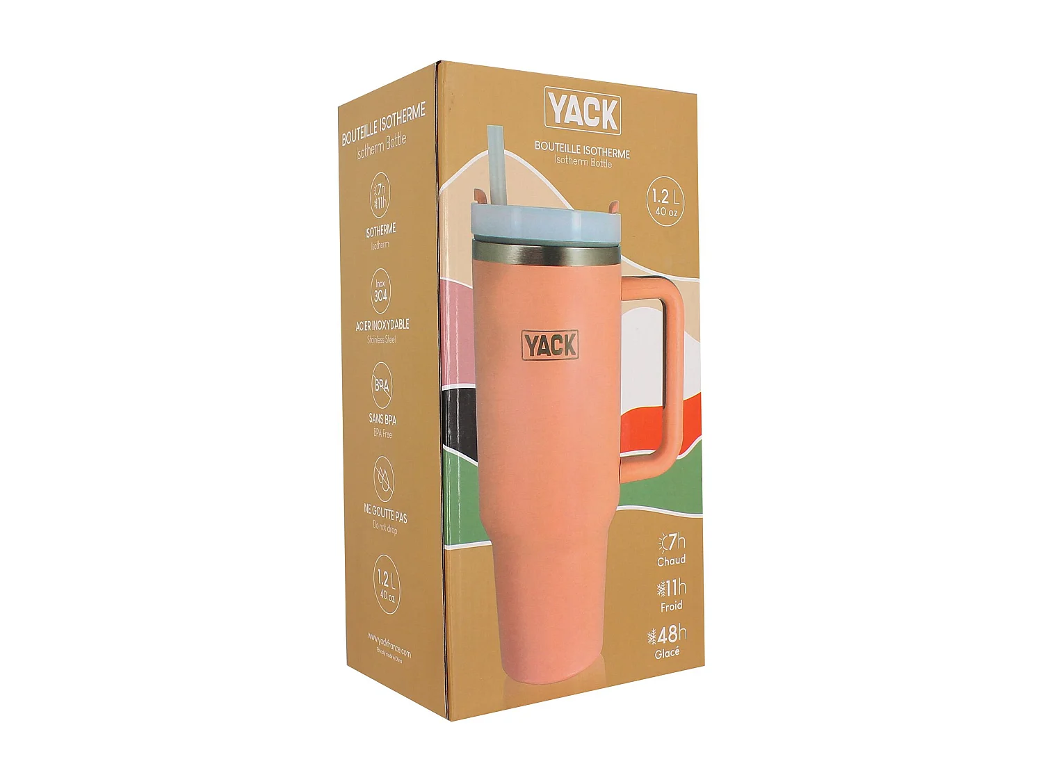 Yack - Gobelet Yack 1.2l En Acier Inoxydable Rose Couvercle Et Paille