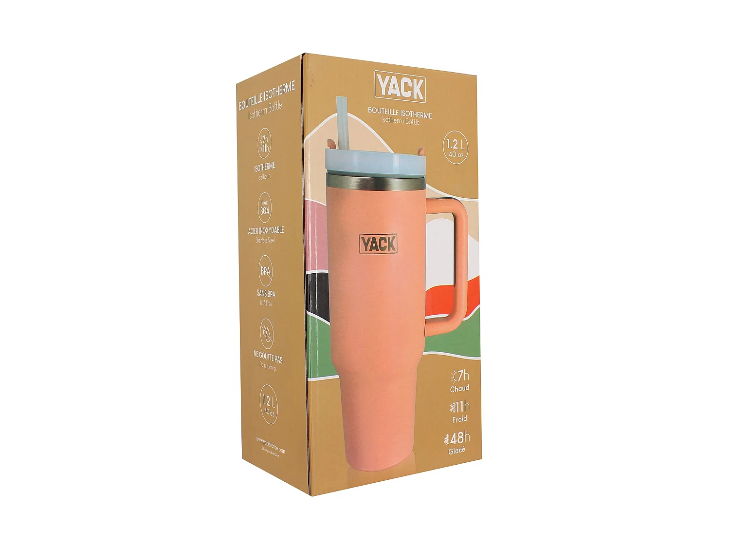 Yack - Gobelet Yack 1.2l En Acier Inoxydable Rose Couvercle Et Paille