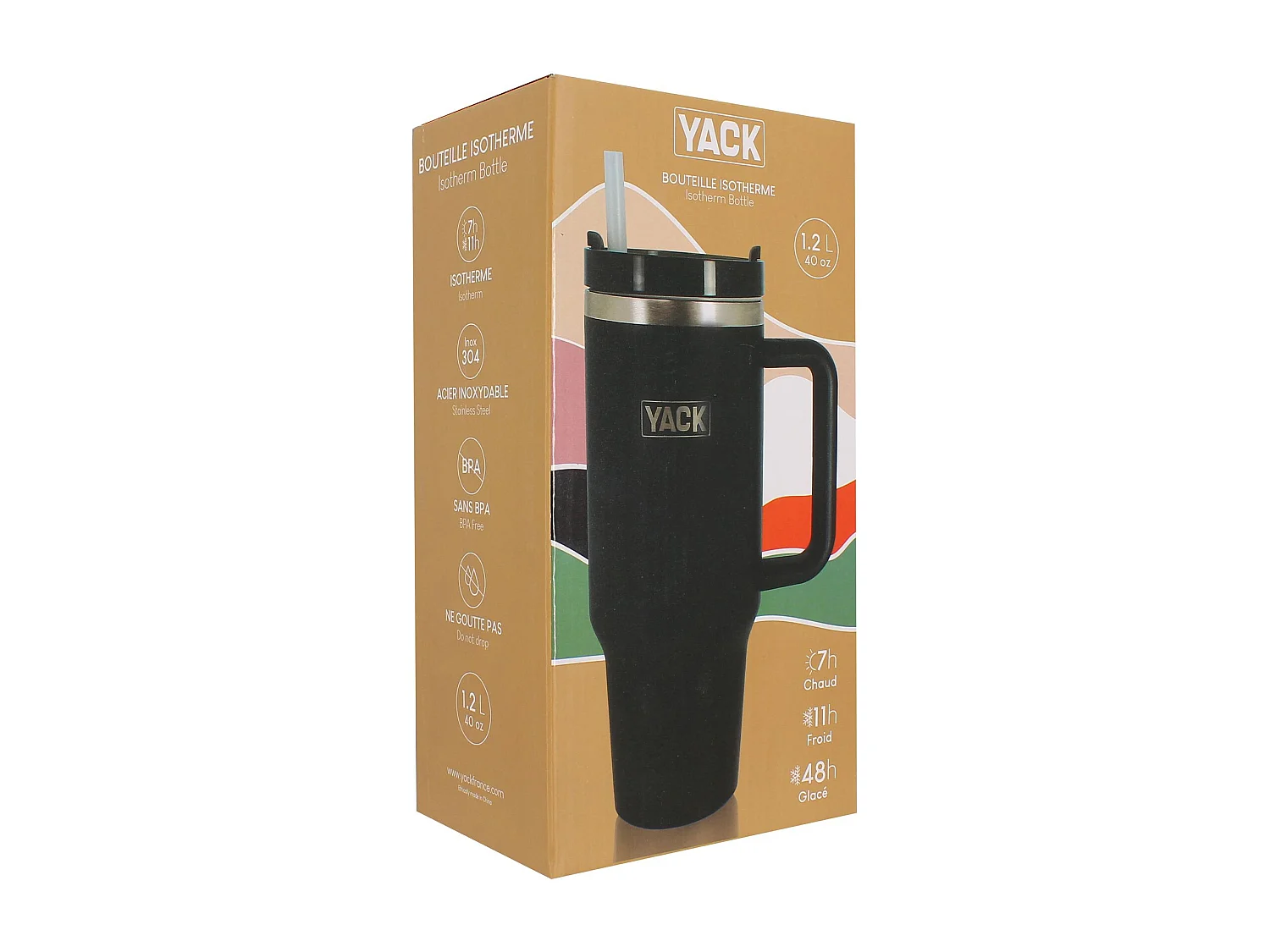 Yack - Gobelet Yack 1.2l En Acier Inoxydable Noir Avec Couvercle Et Paille