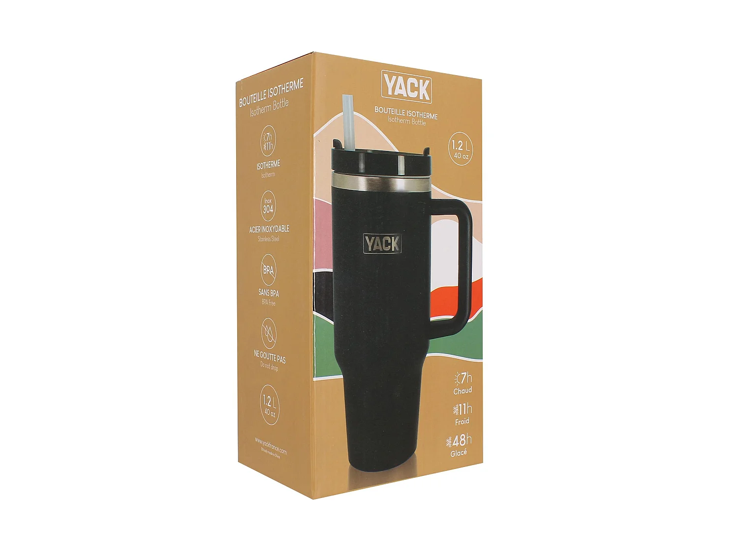 Yack - Gobelet Yack 1.2l En Acier Inoxydable Noir Avec Couvercle Et Paille