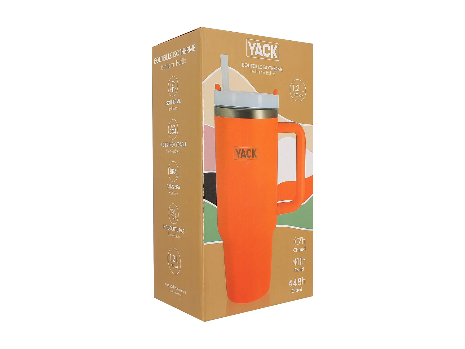 Yack - Gobelet Yack 1.2l En Acier Inoxydable Orange Avec Couvercle Et Paille
